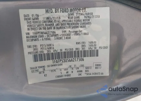 2006 Ford Taurus Se z USA, uszkodzony, nr VIN 1FAFP53U56A217506